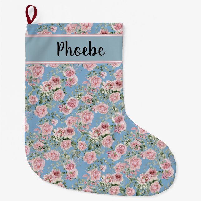 Pink Peony Rose Large Christmas Stocking (Front)