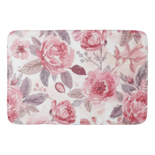 Pink Peony Rose Watercolor Floral Garden Bath Mat