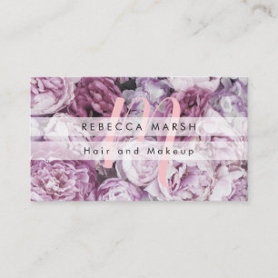 Pink Peony Roses Floral Script Monogram Business Card