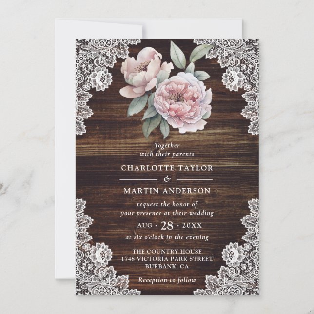 Pink Peony Rustic Wood Lace Floral Wedding Invitation (Front)
