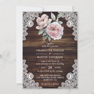 Pink Peony Rustic Wood Lace Floral Wedding Invitation