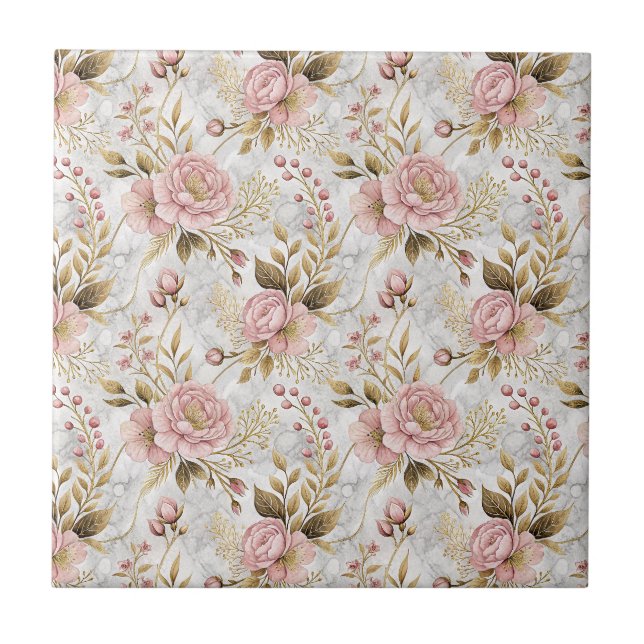 Pink Peony & Sage Botanical Floral Pattern Artwork Tile (Front)
