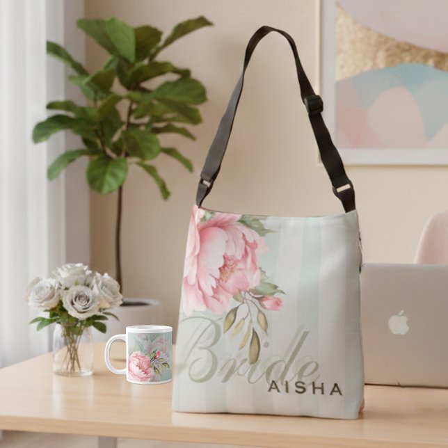Pink Peony & Sage Green Floral Crossbody Bag (In your bride era: This stunning peony crossbody & matching mug are perfect for a stylish, busy day!)