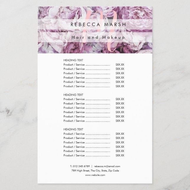 Pink Peony Script Monogram Salon Service Menu (Front)