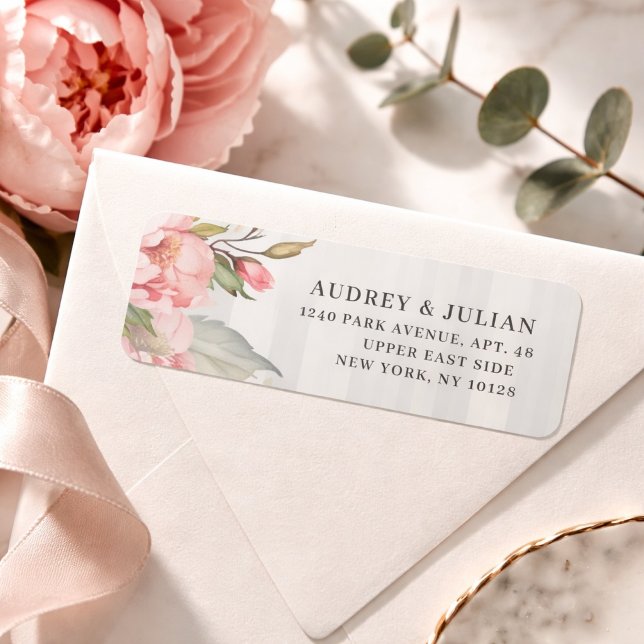 Pink Peony & Soft Grey Stripe Return Address (Creator Uploaded)