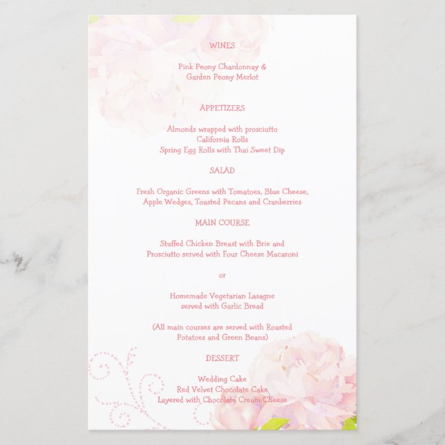 Pink Peony Spring Garden Wedding Menu (Front)