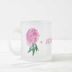 Pink Peony Star Girly Modern Customise Name Frosted Glass Coffee Mug