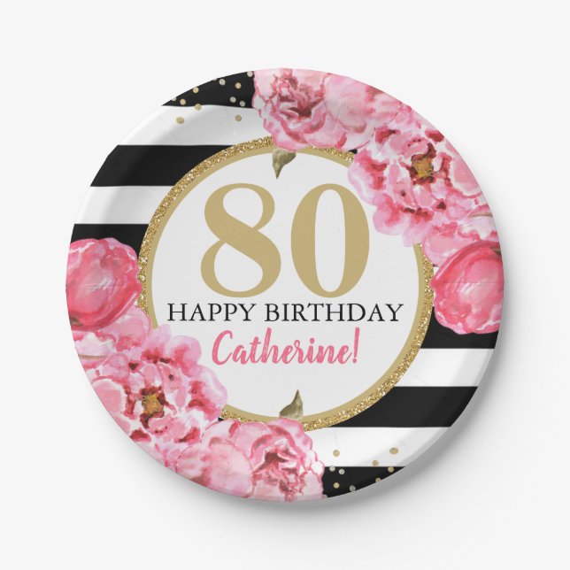 Pink Peony Striped Milestone Birthday Paper Plate (Front)