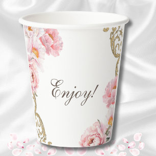 Pink Peony Vintage Floral Bridal Shower Paper Cups