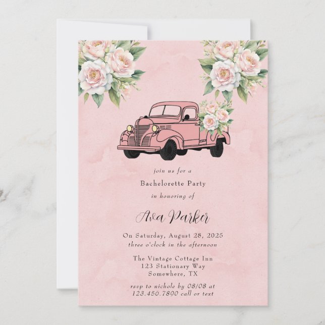 Pink Peony Vintage Truck Bachelorette Party Invitation (Front)