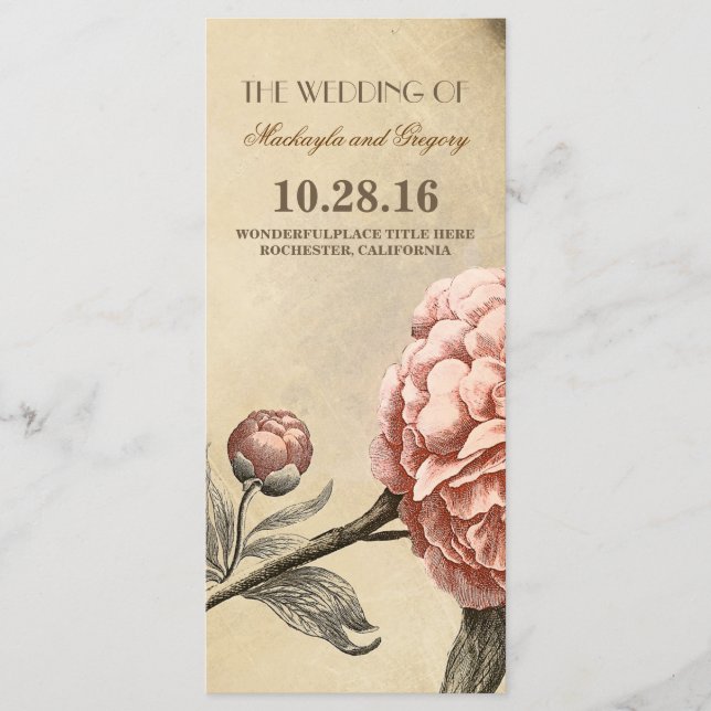 Pink Peony Vintage Wedding Programs Programme (Front)