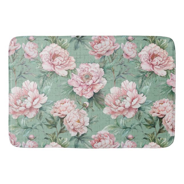 Pink Peony Watercolor Bath Mat (Front)