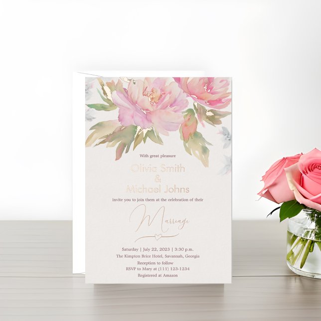 Pink Peony Watercolor Boho Wedding Invitation (Creator Uploaded)