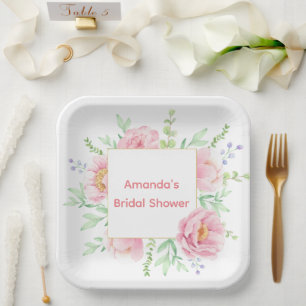 Pink Peony Watercolor Bridal Shower  Paper Plate