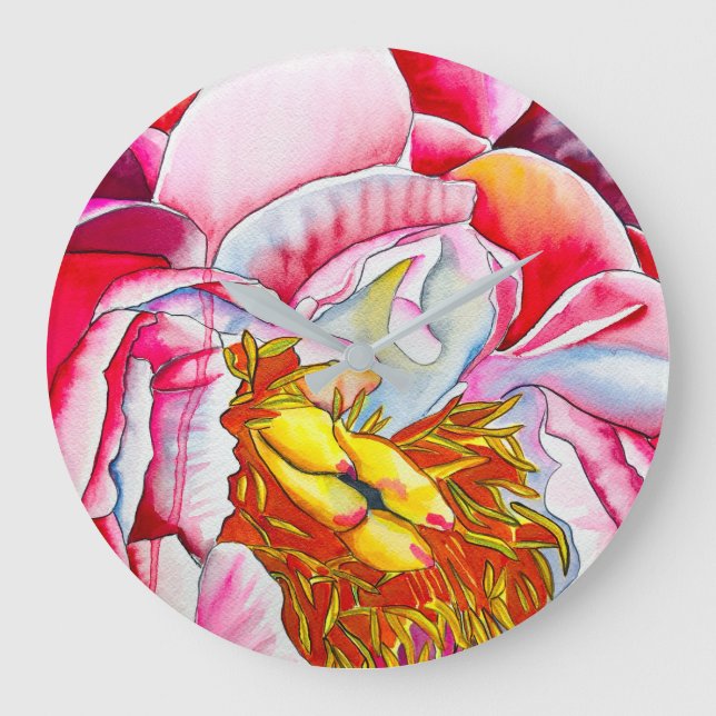 Pink Peony watercolor fine art Large Clock (Front)