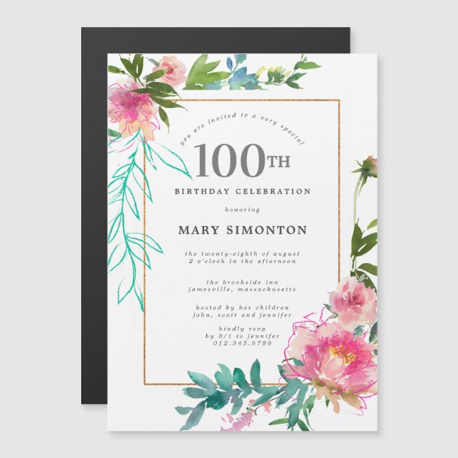 Pink Peony Watercolor Floral 100th Birthday Magnetic Invitation (Front/Back)