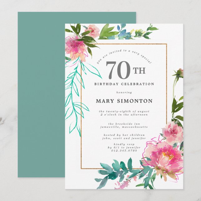 Pink Peony Watercolor Floral 70th Birthday Invitation (Front/Back)