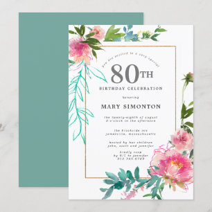 Pink Peony Watercolor Floral 80th Birthday Invitation