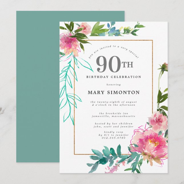 Pink Peony Watercolor Floral 90th Birthday Invitation (Front/Back)