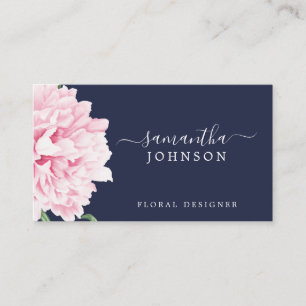 Pink Peony Watercolor Floral Botanical Navy Business Card