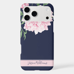 Pink Peony Watercolor Floral Navy Name