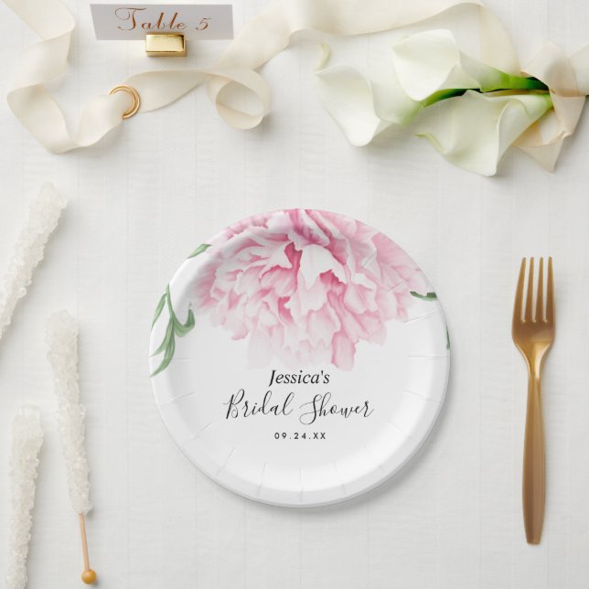 Pink Peony Watercolor Floral Paper Plate (Wedding)