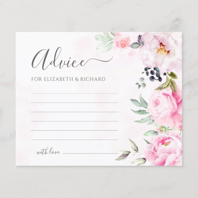 Pink Peony Watercolor Floral Wedding Advice Card (Front)