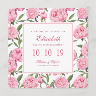 Pink Peony Watercolor Flowers - Bridesmaid Invitation
