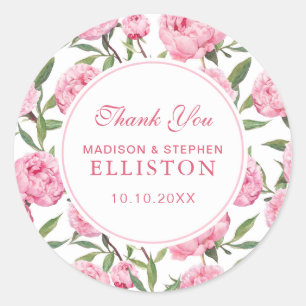 Pink Peony Watercolor Flowers Thank You Classic Round Sticker