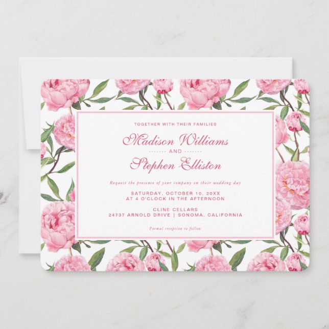 Pink Peony Watercolor Flowers - Wedding Invitation (Front)