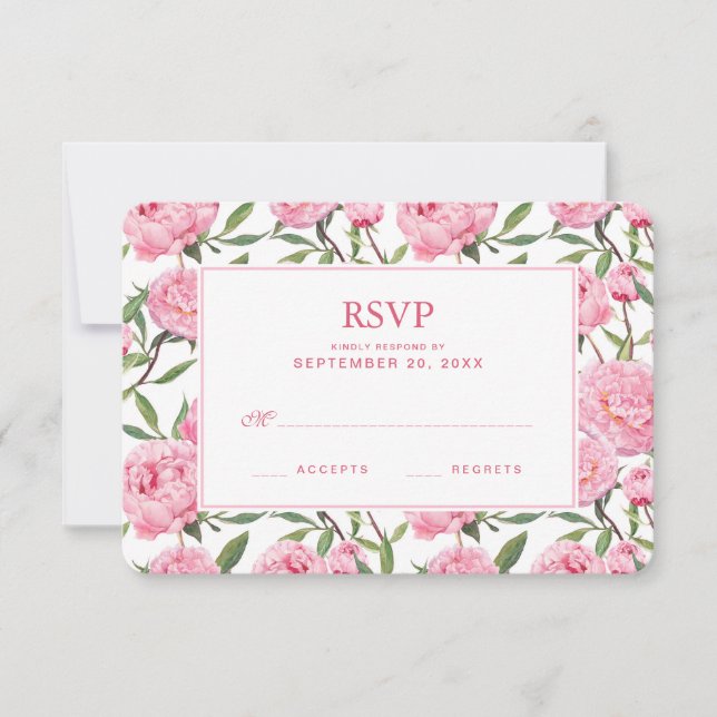 Pink Peony Watercolor Flowers - Wedding RSVP (Front)