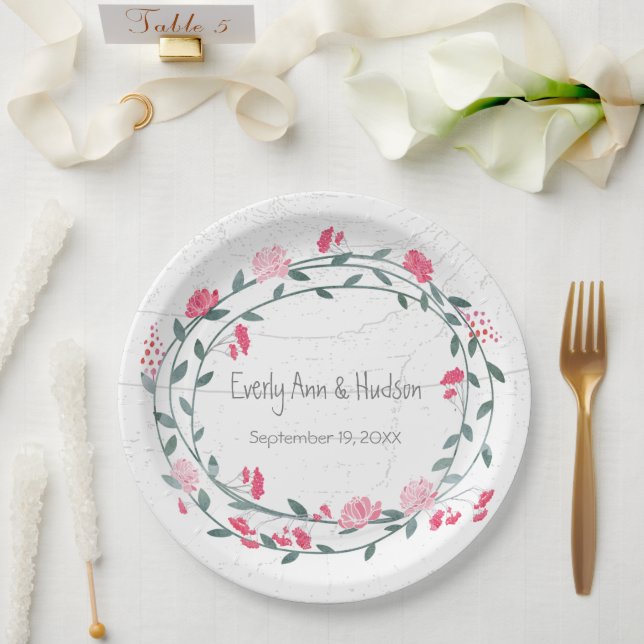 Pink Peony Watercolor Photo Wedding Paper Plate (Wedding)
