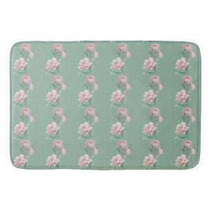Pink Peony Watercolor Soft Green Bath Mat