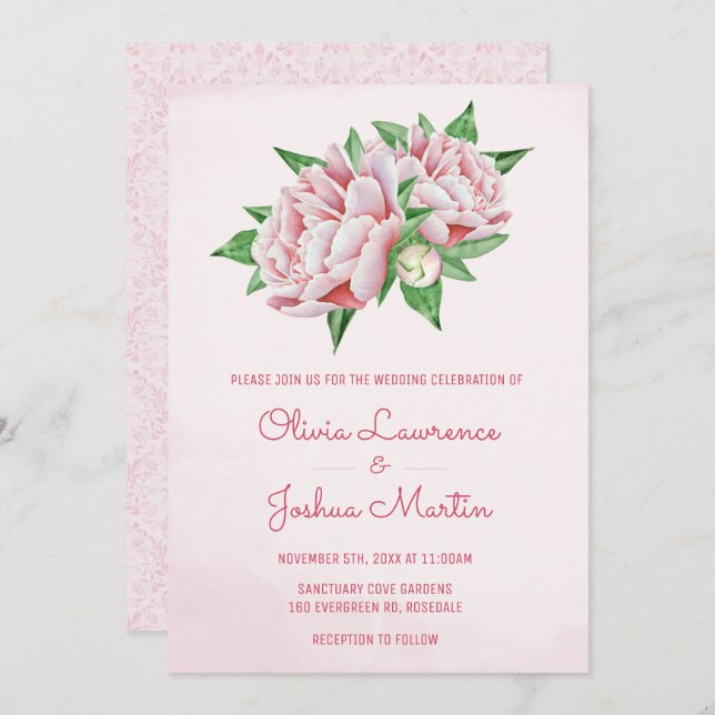 Pink Peony Watercolor Wedding Invitations (Front/Back)