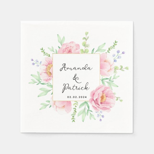 Pink Peony Watercolor Wedding Paper Napkin (Front)