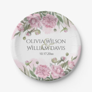 Pink Peony Watercolor Wedding Paper Plate