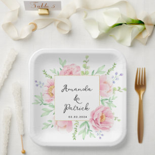 Pink Peony Watercolor Wedding Party Paper Plate