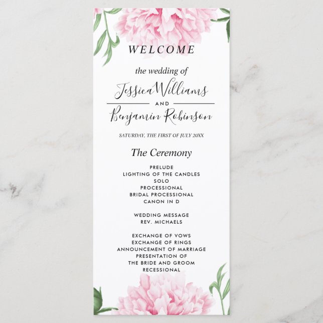Pink Peony Watercolor Wedding Program Menu (Front)