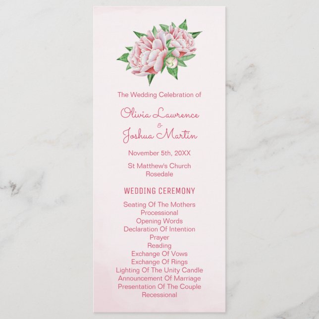 Pink Peony Watercolor Wedding Programs Programme (Front)