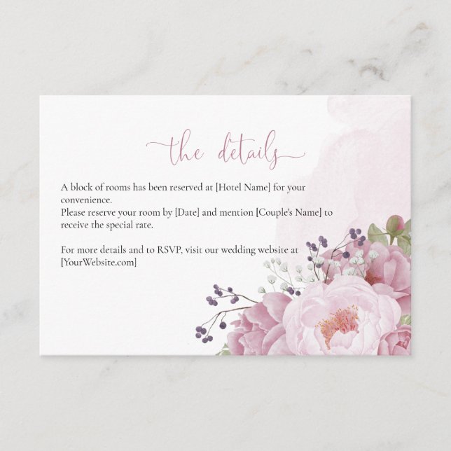 Pink Peony Wedding Details Card (Front)