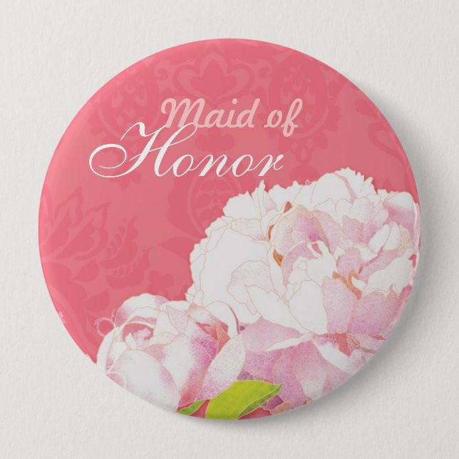 Pink Peony Wedding Maid of Honour 10 Cm Round Badge (Front)