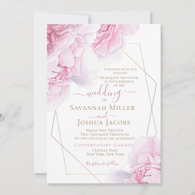 Pink peony wedding pink watercolor floral wedding invitation (Front)