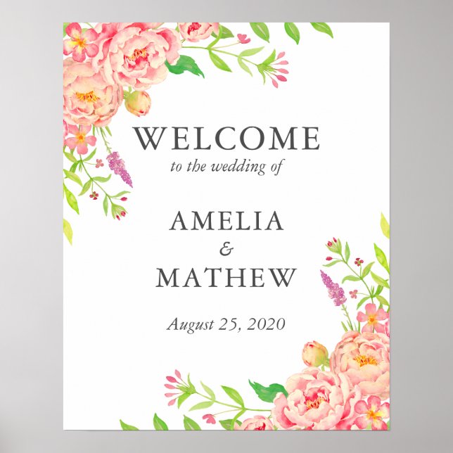 Pink Peony Wedding Welcome Poster (Front)