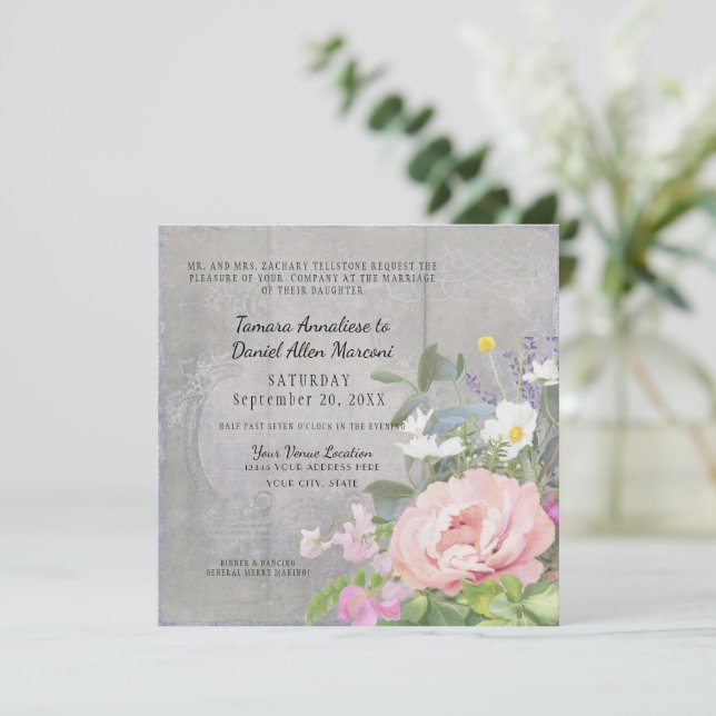 Pink Peony Wild Daisy Flower Grey Rustic Wood  Invitation (Standing Front)