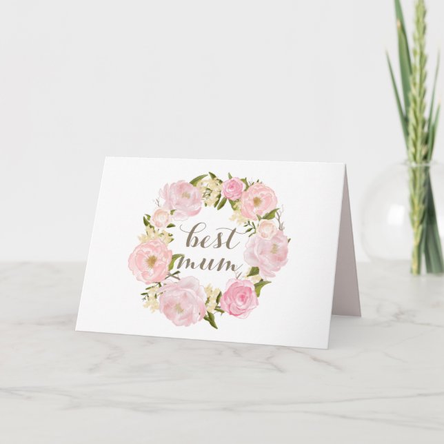 Pink Peony Wreath Best Mum Happy Mother's Day Holiday Card (Front)