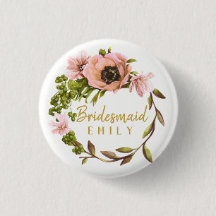 Pink Peony Wreath Bridesmaid Name ID456 3 Cm Round Badge