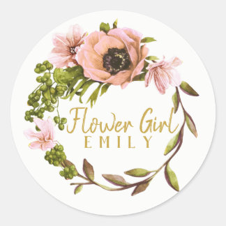 Pink Peony Wreath Flower Girl Name ID456 Classic Round Sticker