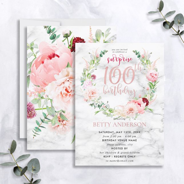 Pink Peony Wreath Rose Gold Marble Surprise 100th Invitation (Creator Uploaded)