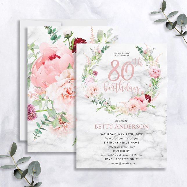 Pink Peony Wreath Rose Gold Marble Typography 80th Invitation (Creator Uploaded)