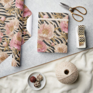 Pink Peony Zebra Gold Elegant  Wrapping Paper